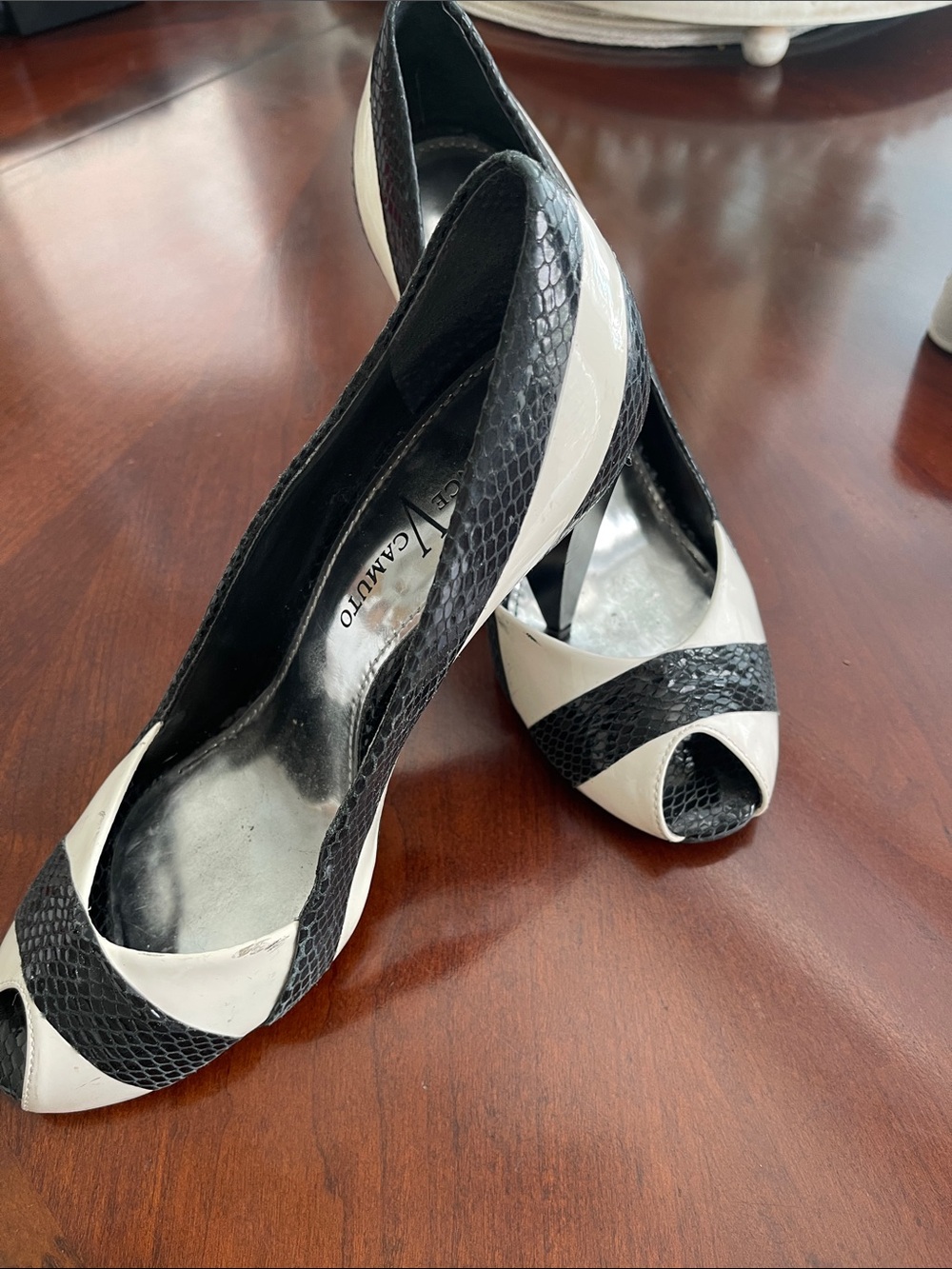 Vince Camuto Black and White Peep Toe Heels